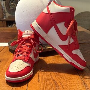 Red and Coconut Milk (cream) High-Top Nike Sneakers